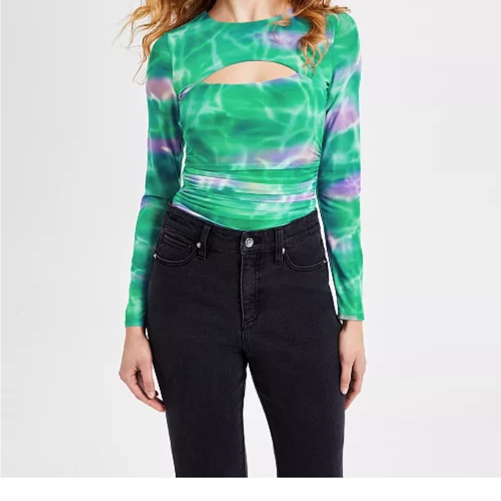 Bar III Printed Crewneck Long-Sleeve Ruched Bodysuit